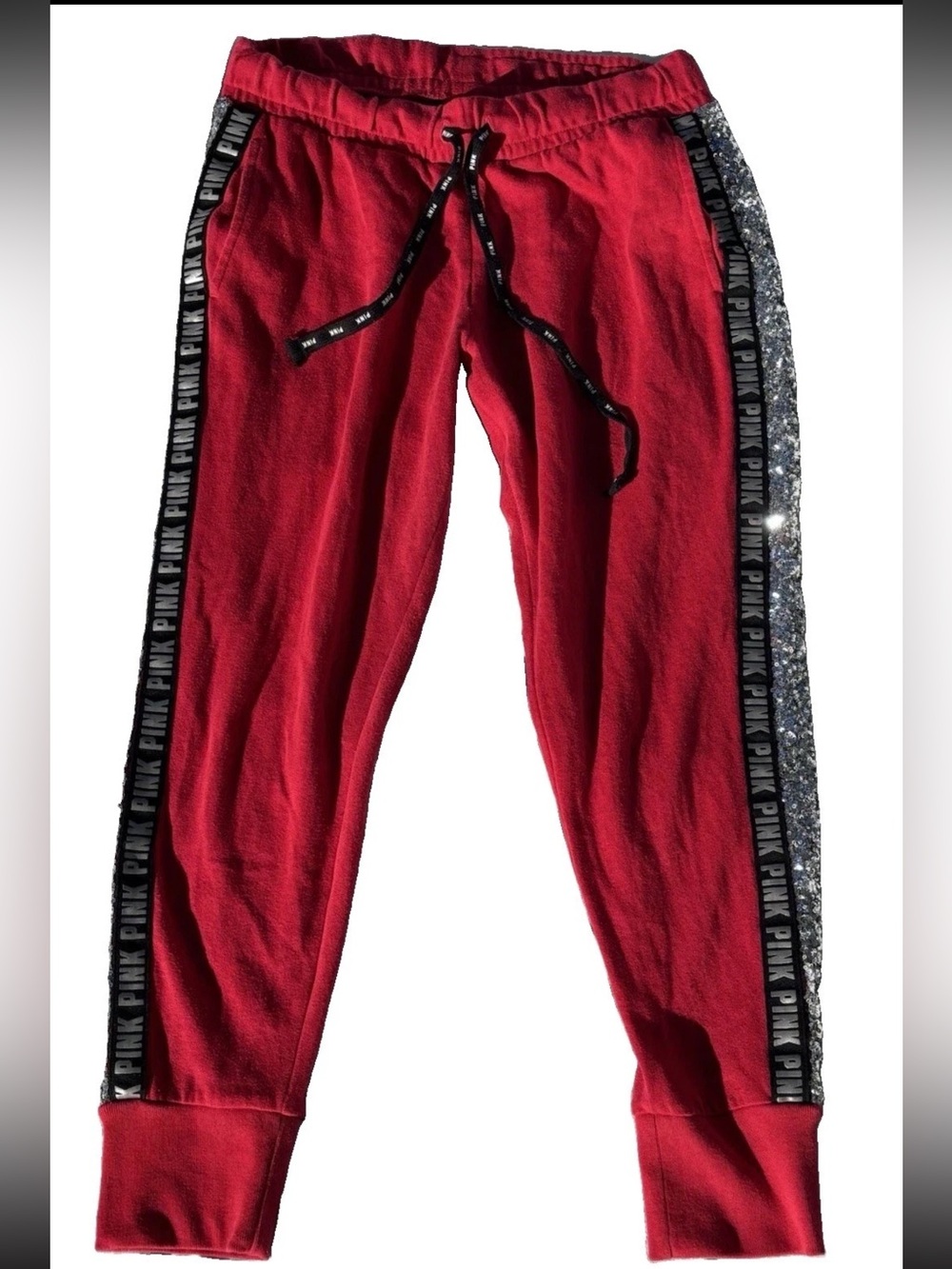 Pink Victoria’s Secret Y2K Red Sequined Repeat Spell Out Coquette Joggers SZ .M